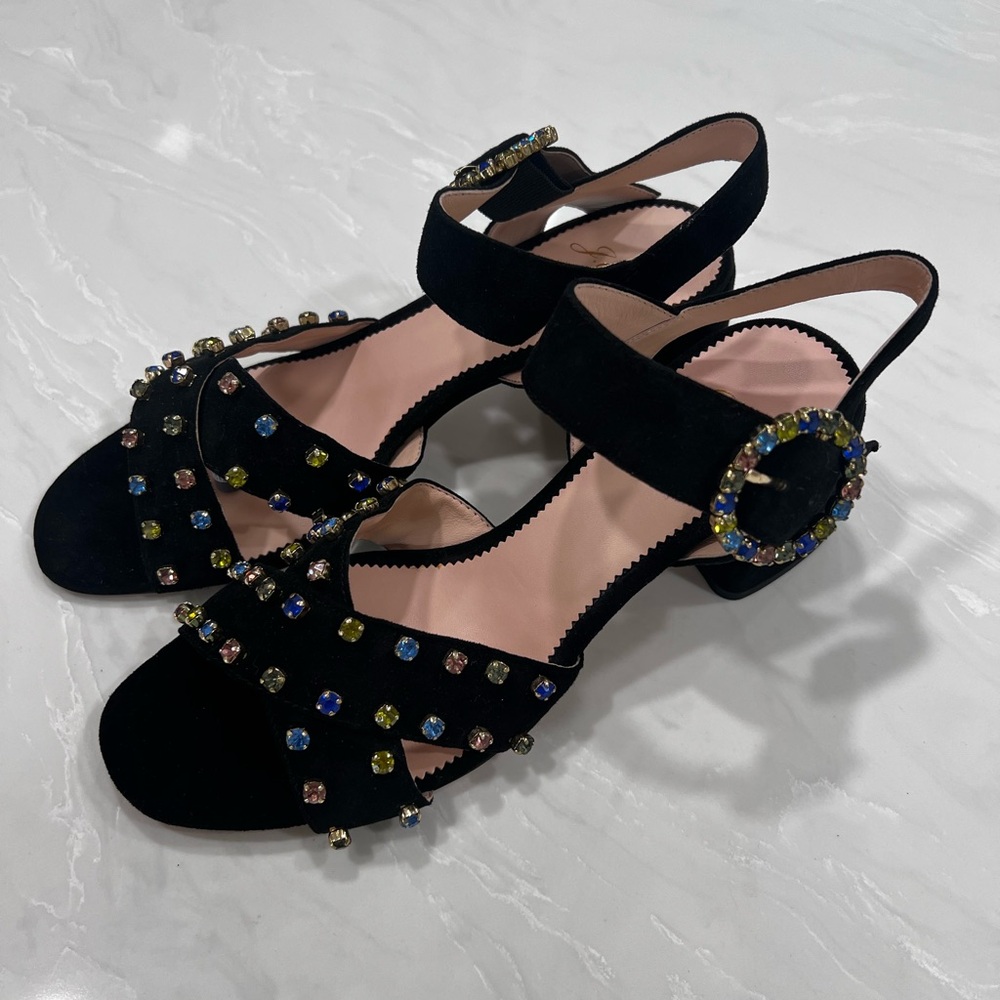 J Crew Penny Suede Jewel Rhinestone Black Sandals Preppy Women’s Size 9